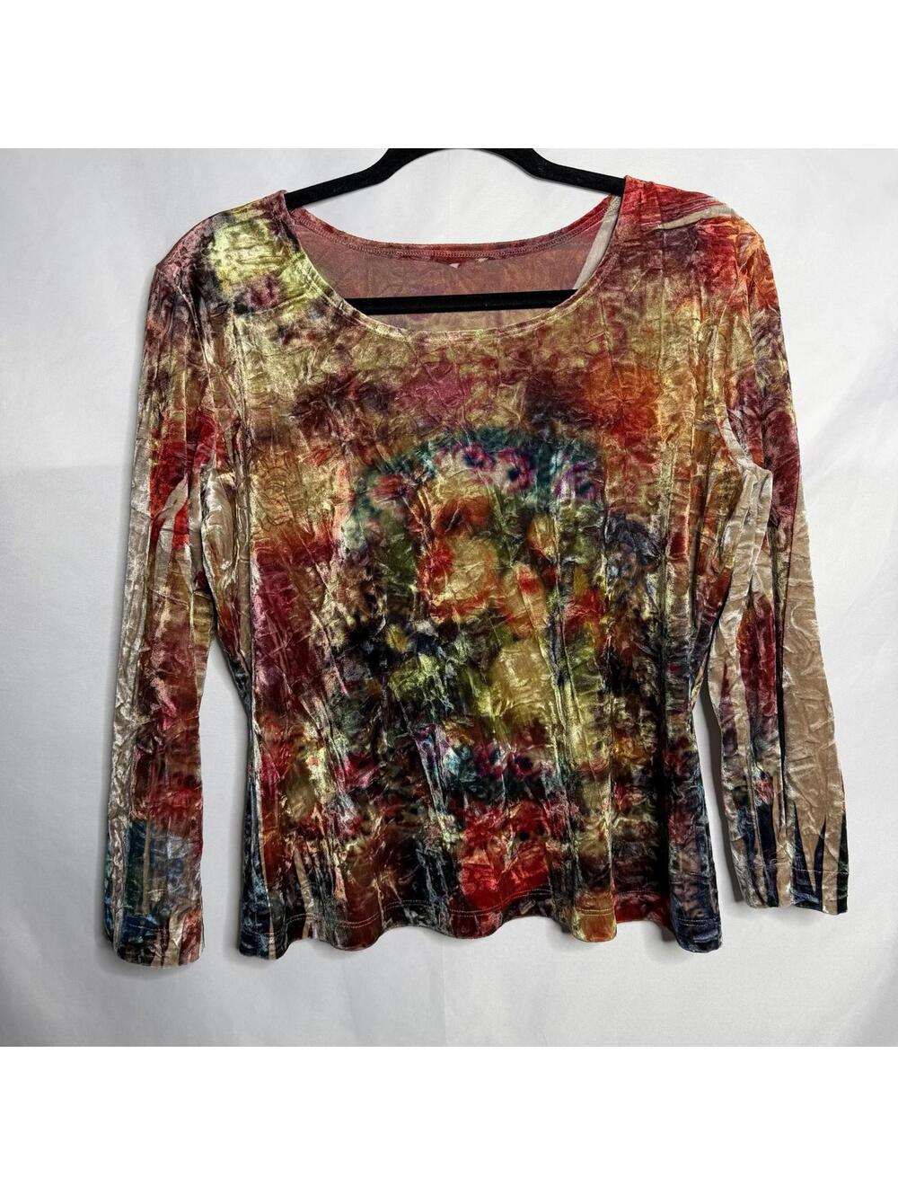 Y2K Boho Whimsical Multicolored Floral Velour Wide Neck Blouse Long Sleeve
